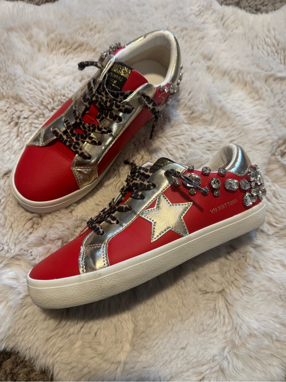 Vintage Havana Red Leather Low-Top Sneakers with Silver Star & Crystal Accents